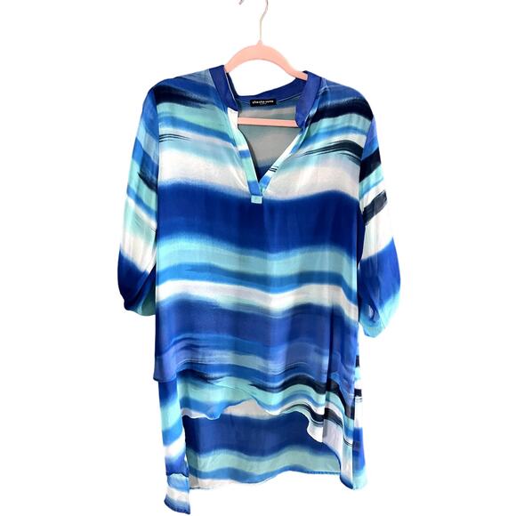 CHA CHA VENTE Top Layered Asymetrical Hilow Multi Blue Sheer Swimsuit Coverup XL - Picture 1 of 9